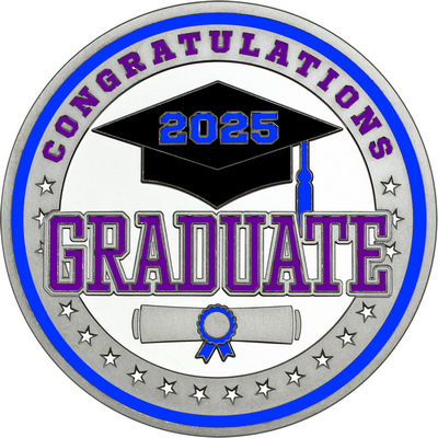 Purple "Congratulations Graduate" with Royal Blue 2025, Rim, Tassel & Ribbon